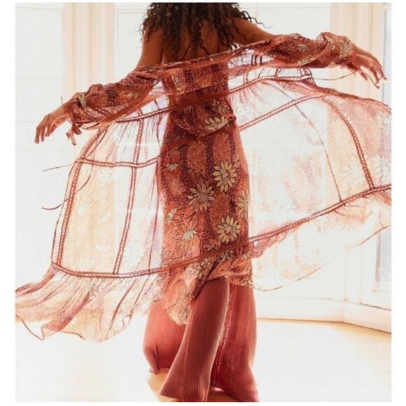 Free People Maxi Kimono Sheer Floral Rose Combo Robe Duster Cover-Up Sz M/L Boho - Picture 12 of 16